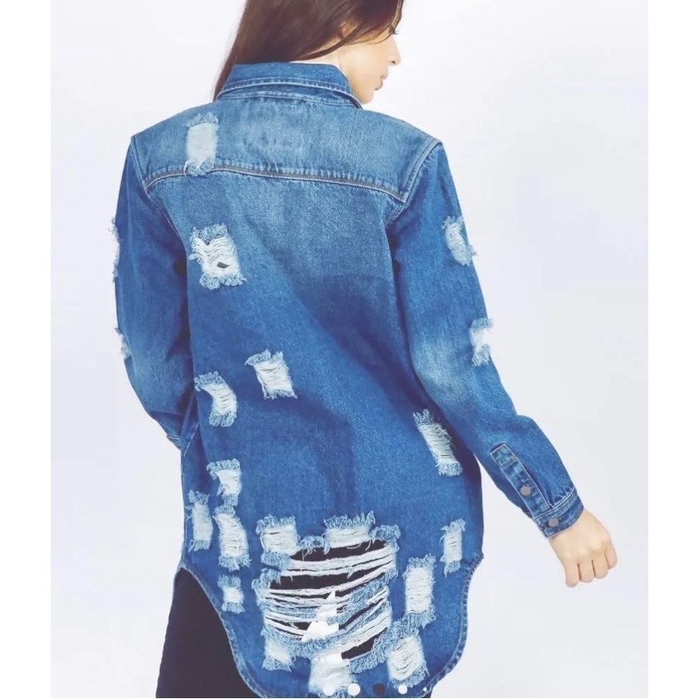 American Bazi Sz M Long Tunic Distressed Ripped Denim Duster Jacket NEW - Picture 3 of 9